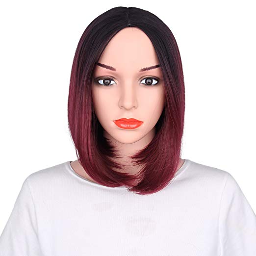BARSDAR 14" Girl’s Short Ombre Bob Hair Wigs Straight Synthetic Colorful Halloween Cosplay Daily Party Wig for Women Natural Looking Heat Resistant As Real Hair-Black to Wine Red
